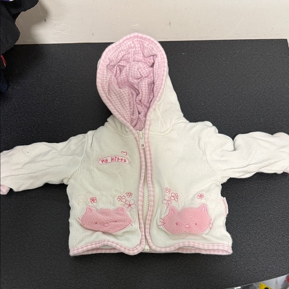 Cute Pink and White Baby Hoodie with Cat Design Y2K